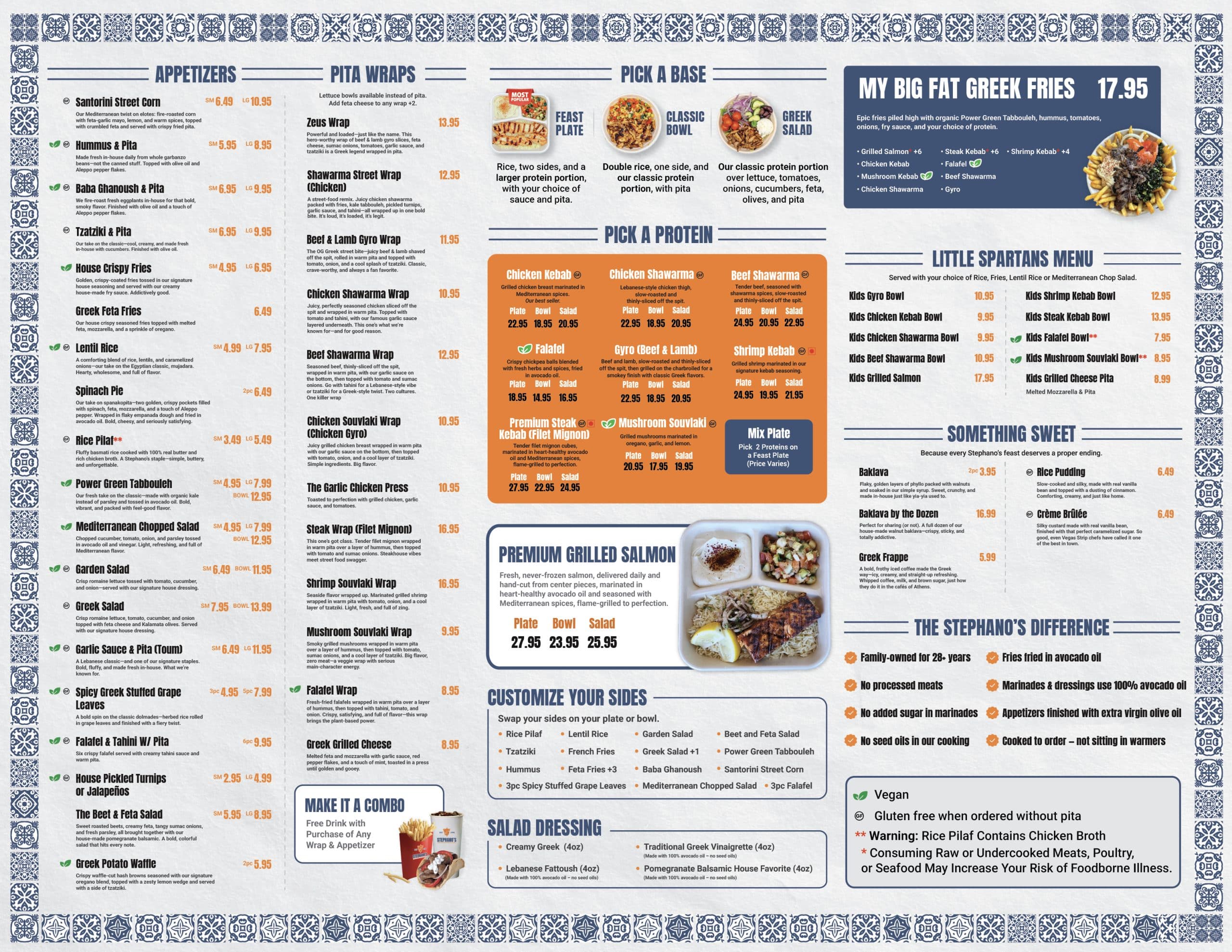 A restaurant menu with a blue and white tile border, featuring "Appetizers," "Pita Wraps," and "Pick a Base."