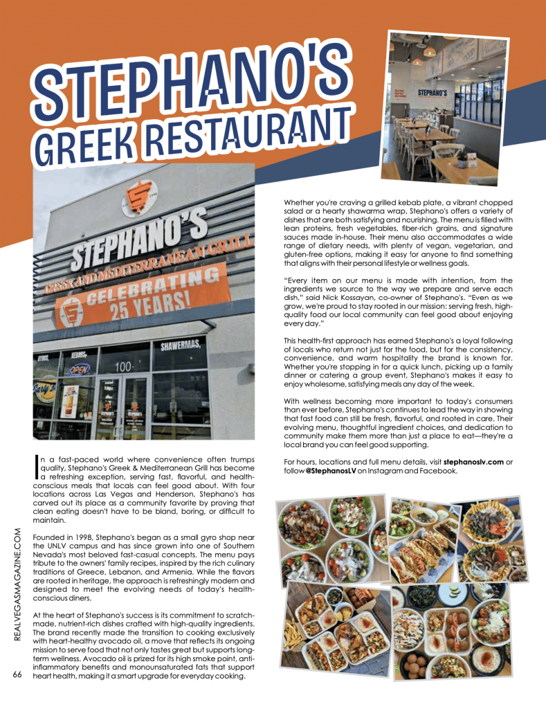 Healthy fast-casual restaurant for locals 7 A restaurant storefront with "STEPHANO'S GREEK RESTAURANT" and "CELEBRATING 25 YEARS!" signage.